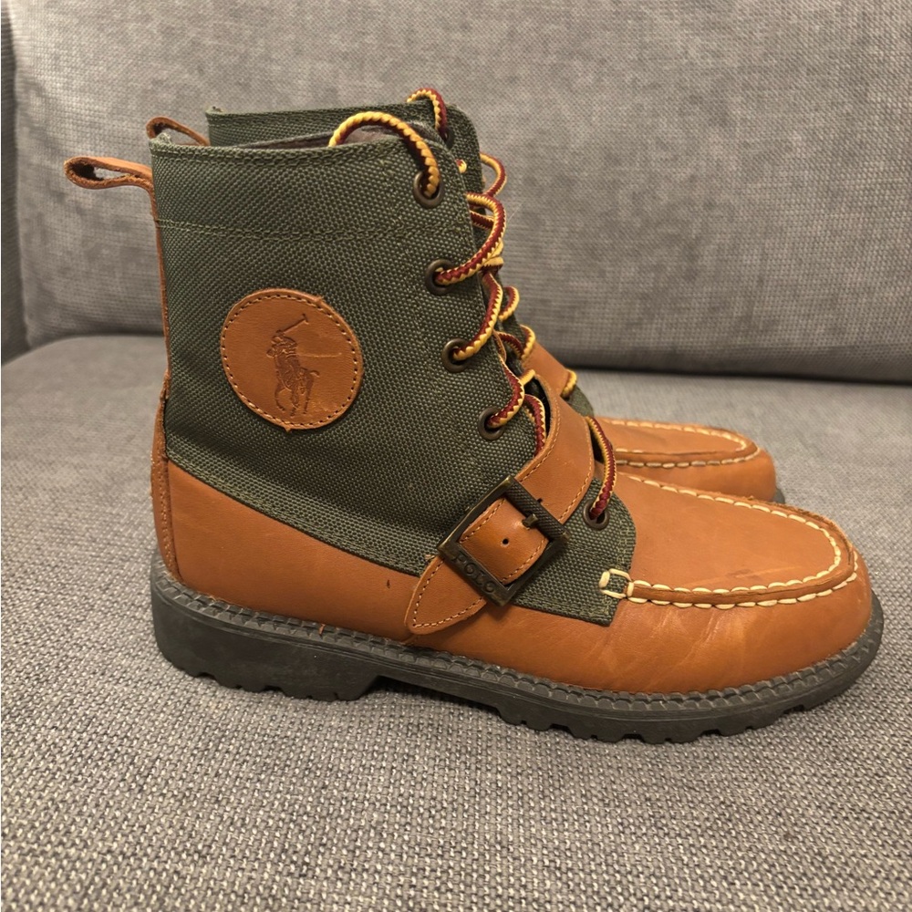 Polo Ralph Lauren Ranger Hi II Tan Green Leather Boots Kids Youth US Size 4